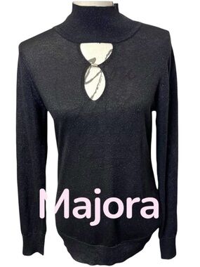 Majora Black Metallic Long Sleeve Mock Neck Keyhole Top (L)
